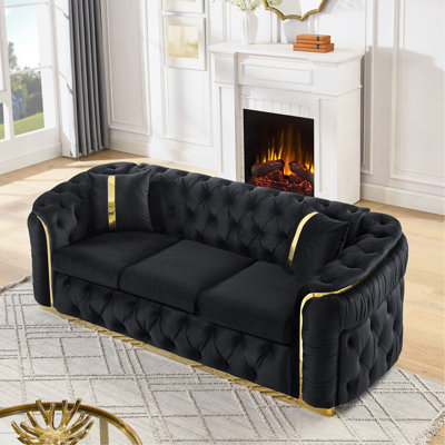 Canapé capitonné en velours 90,6 pouces avec 2 coussins, ensemble de canapés chesterfield de luxe à 3 places avec accents en acier inoxydable doré pour le salon, velours italien 280G