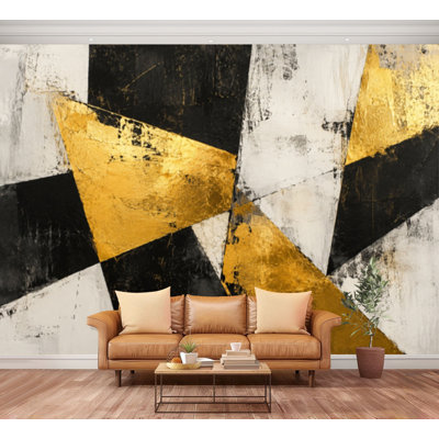 Papier peint adhésif autocollant graffiti abstrait noir et blanc, coups de pinceau tourbillonnants, décorations dorées, papier contact auto-adhésif amovible pour salon, chambre à coucher H 100 po x l 144 po