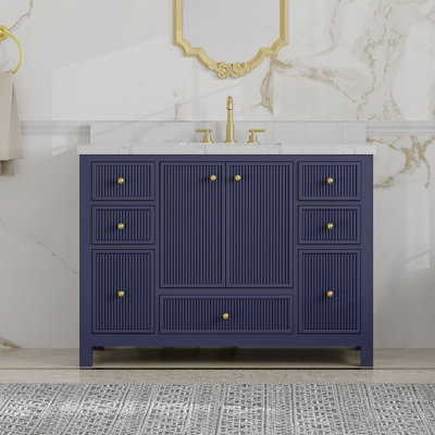 Meuble-lavabo 48 po avec lavabo sous-comptoir simple, plateau en marbre de culture, 2 portes à fermeture en douceur et 7 tiroirs, armoire en chêne massif et bois d'ingénierie