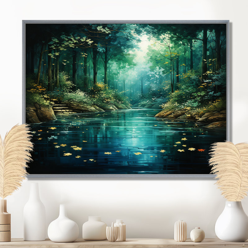 «Forest Emerald Canopy River», art mural sur toile, H 24 po x l 32 po x P 1 po, Encadrement argenté