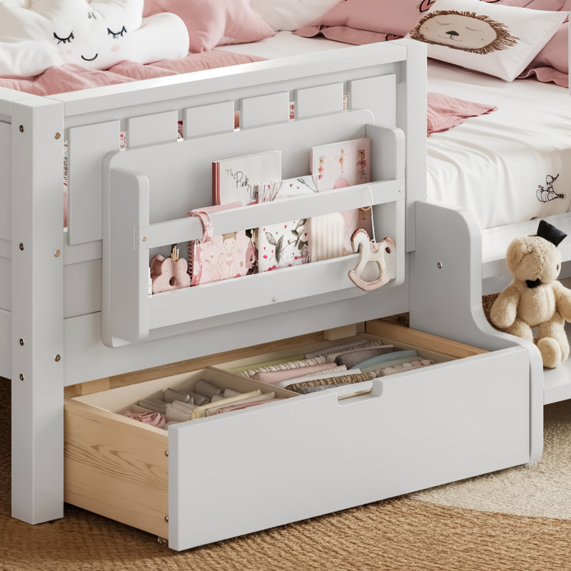 Grand lit pour enfants avec tablettes intégrées et tiroirs de rangement, escalier de sécurité et garde-corps, blanc, Queen