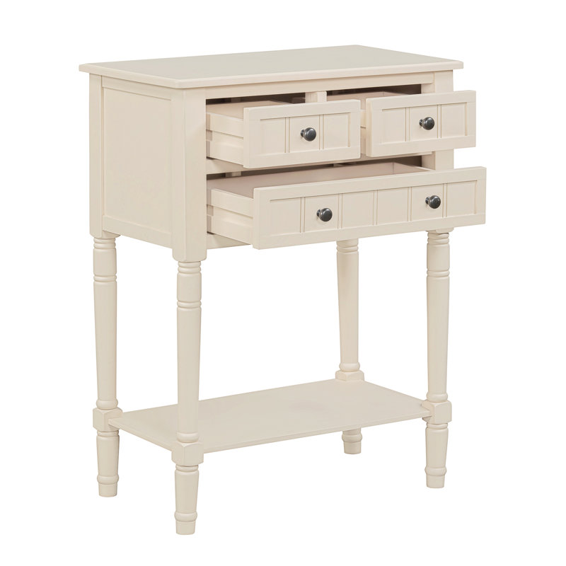 31" H Narrow Console Sofa Table with 3 Drawers and Shelf, Solid Wood Frame, Beige
