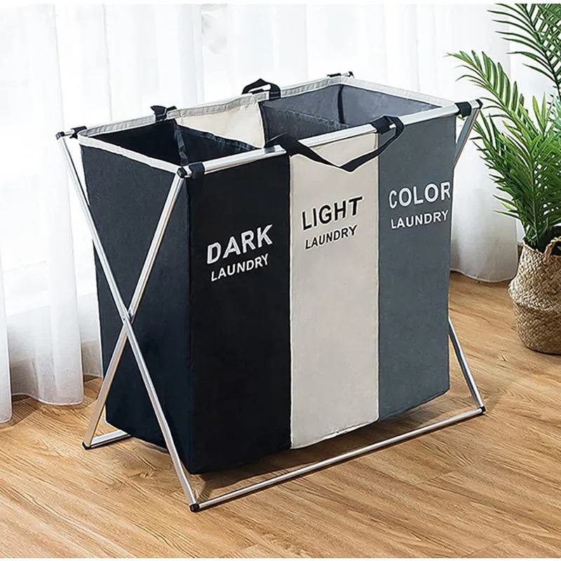 Laundry Hamper Basket 3 Section, Foldable Hamper/Sorter with Waterproof Oxford Bags