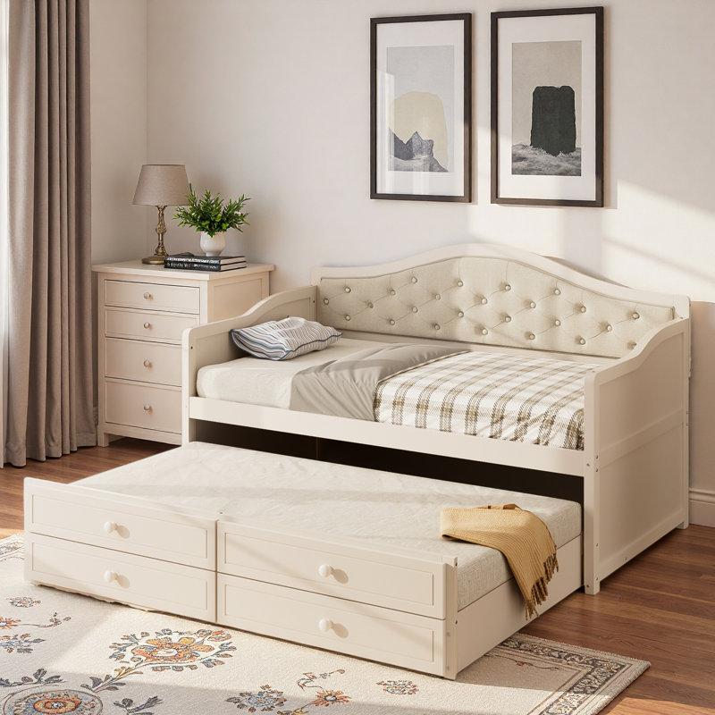 Lit de jour en bois avec lit gigogne, 2 tiroirs de rangement et dossier capitonné à boutons, Beige
