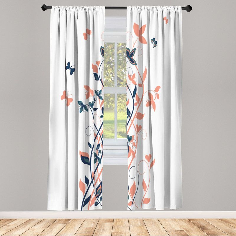 Microfiber Floral Semi-Sheer Rod Pocket Curtain Panels, 28" W x 84" L, Orange/Dark Blue/White