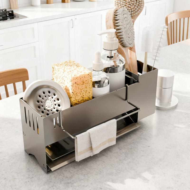 Organisateur d'évier de cuisine avec système de vidange automatique, éponge antirouille et porte-brosse pour rangement sur le comptoir et rangement compact
