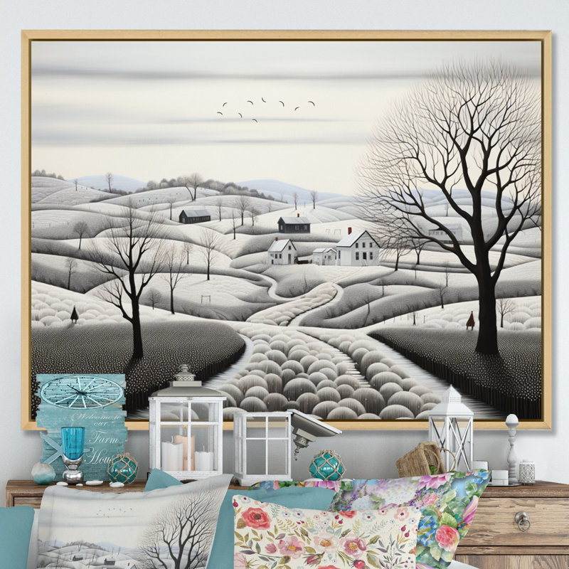 Maryly " Winter Farm Monochrome Harvest III " Mixed Media Print, H 16 po x l 32 po x P 1 po, Cadre naturel flottant