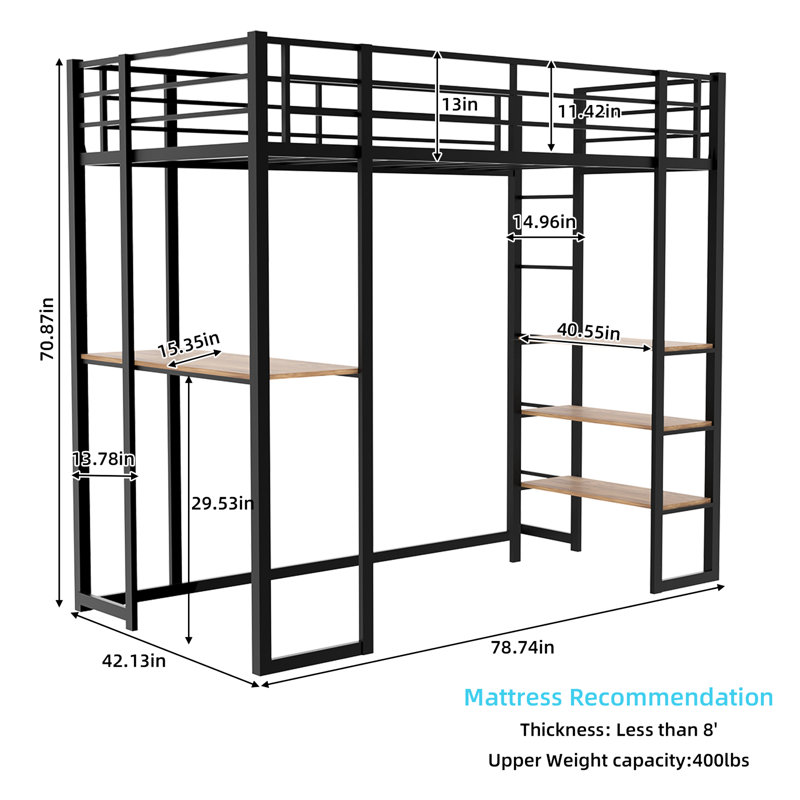 Lit simple en fer noir avec bureau en L pour chambre d'enfant, escalier robuste, peu encombrant et stable des deux côtés