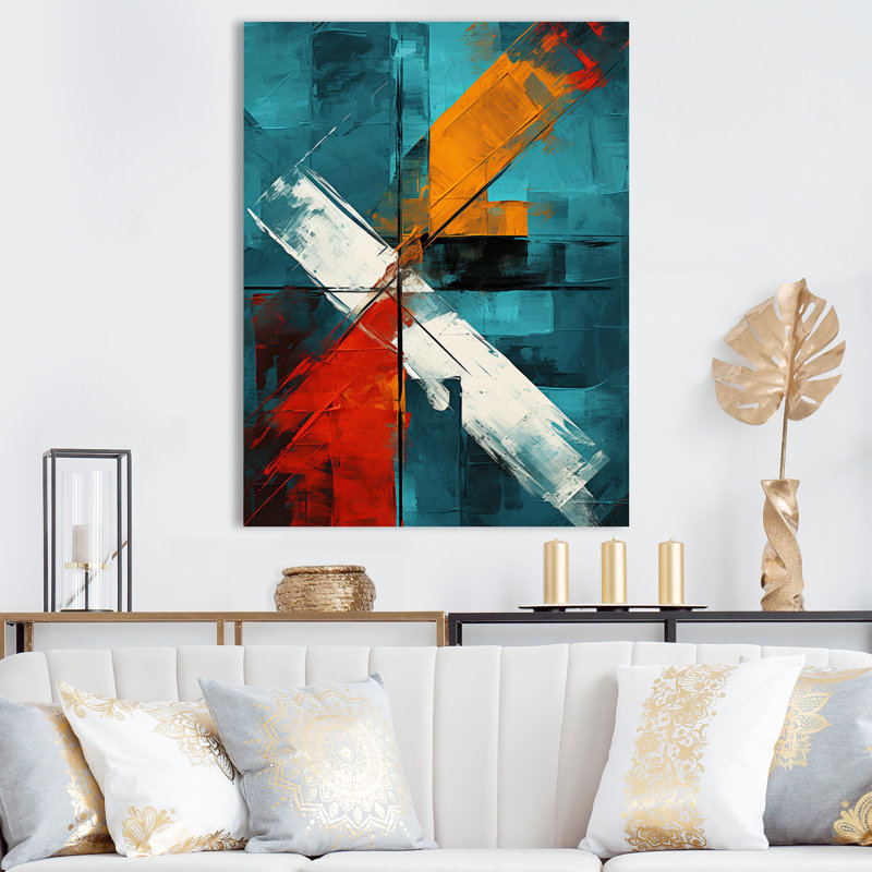 Impossible Logic Of Love, abstrait en bleu sarcelle - peinture murale abstraite, H 44 po x l 34 po, Encadrement doré