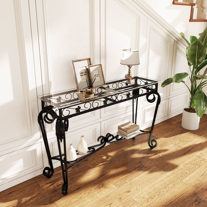 Console avec rangement et plateau en verre, Noir