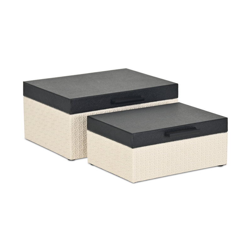 Ensemble de 2 boîtes Ellaran noires à motif chagrin et osier crème