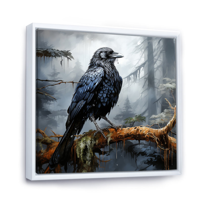 «Black Raven Forest Guardian II» - art mural animal corbeau, Cadre flottant blanc, 30" H x 30" W