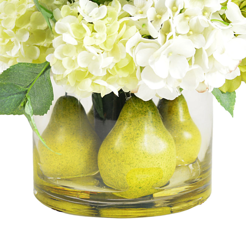 Assorted Hydrangeas, Pears And Acrylic Water In A Glass Round Vase.