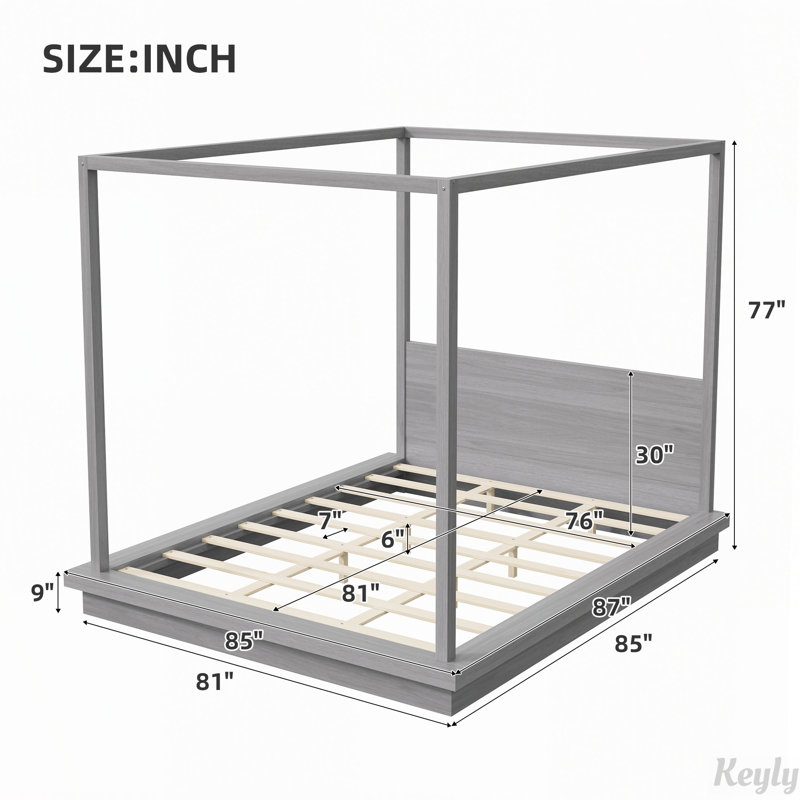 Lit plateforme à baldaquin en bois avec tête de lit, King, Grey