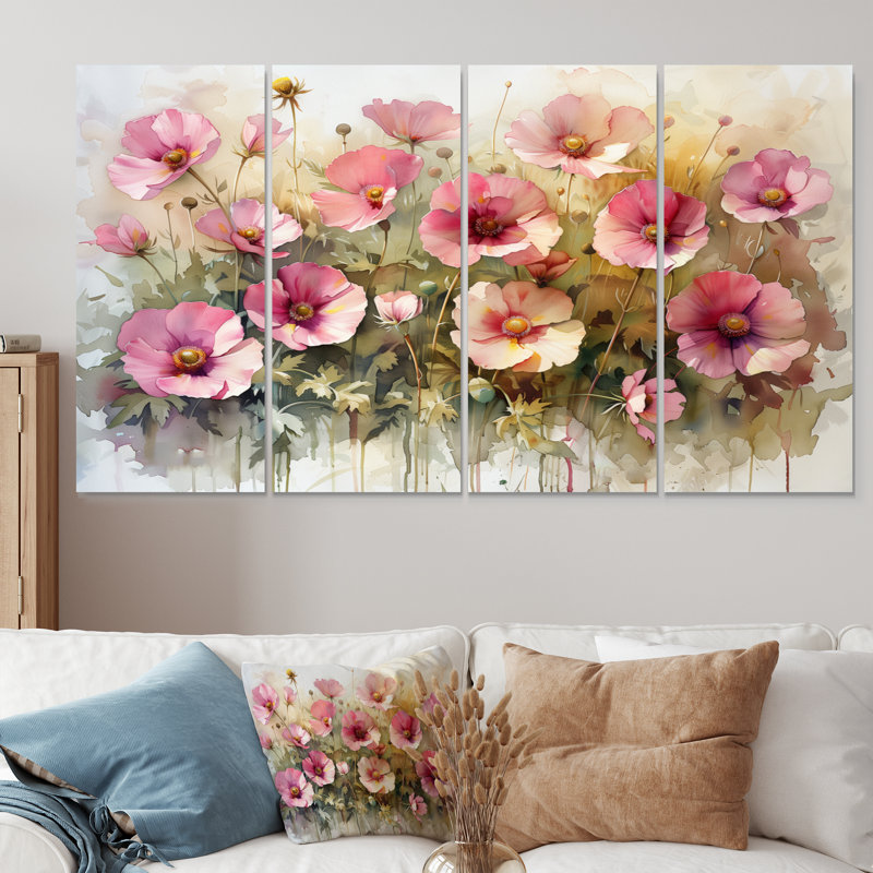 Rose et vert, fleur d'or, prairie II - ensemble d'art mural Buttercups, H 32 po x l 64 po