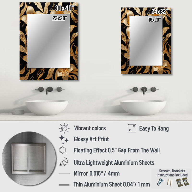 Golden Lily Flower Glam On Black VII - Lily, miroir mural unique, 32 po x 24 po