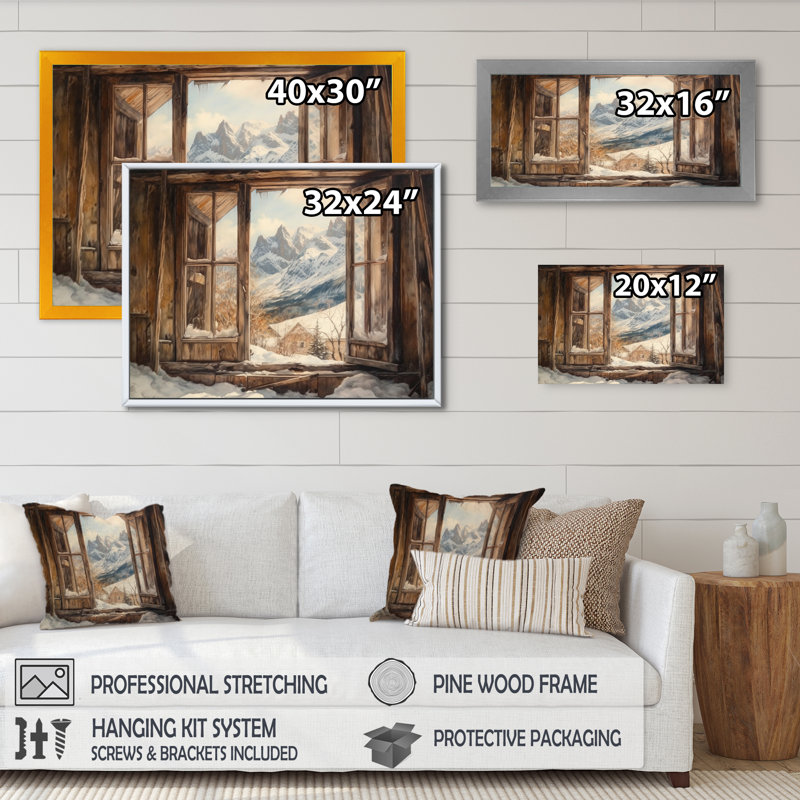 «Robet Cottage Window View Of Snowy Mountains», reproduction sur toile, H 30 po x l 40 po x P 1,5 po, Cadre photo noir