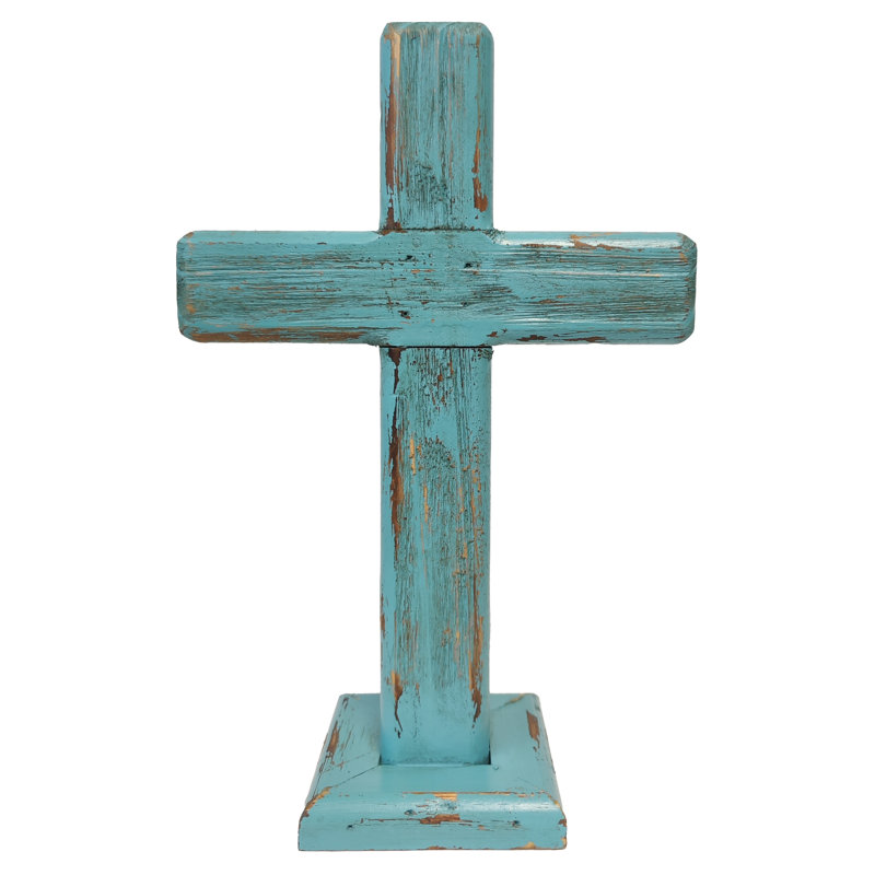 Alycee Decorative Distressed Wood Standing Cross, Blue