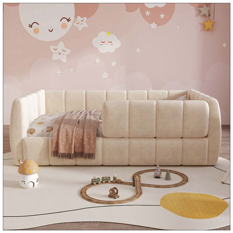 Lit de jour rembourré avec garde-corps amovible, Beige