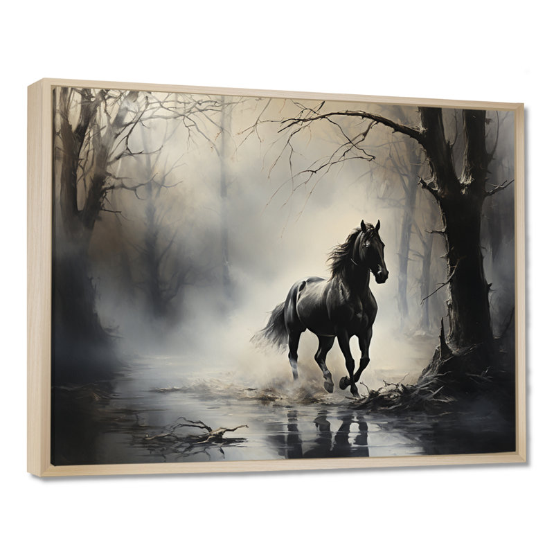 «Gray Horse Misty Morning Canter I», art mural encadré, H 24 po x l 32 po x P 1 po, Cadre flottant érable