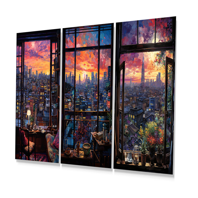 «Night In Tokyo Window View II», ensemble de 3 impressions murales en métal japonais, H 28 po x l 36 po