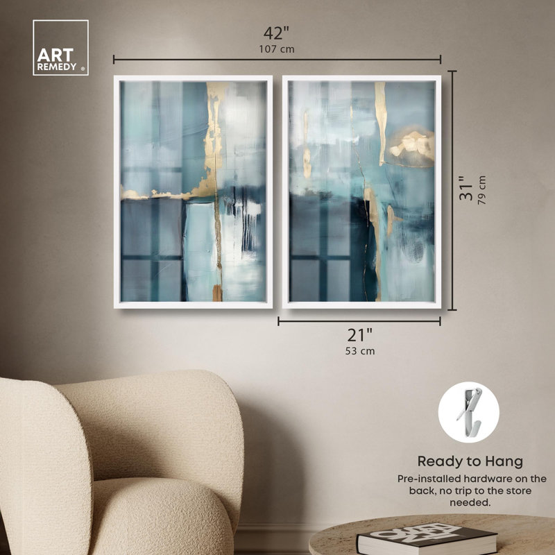 Ensemble de 2 panneaux dorés de luxe bleu , H 31 po x l 21 po, Blanc