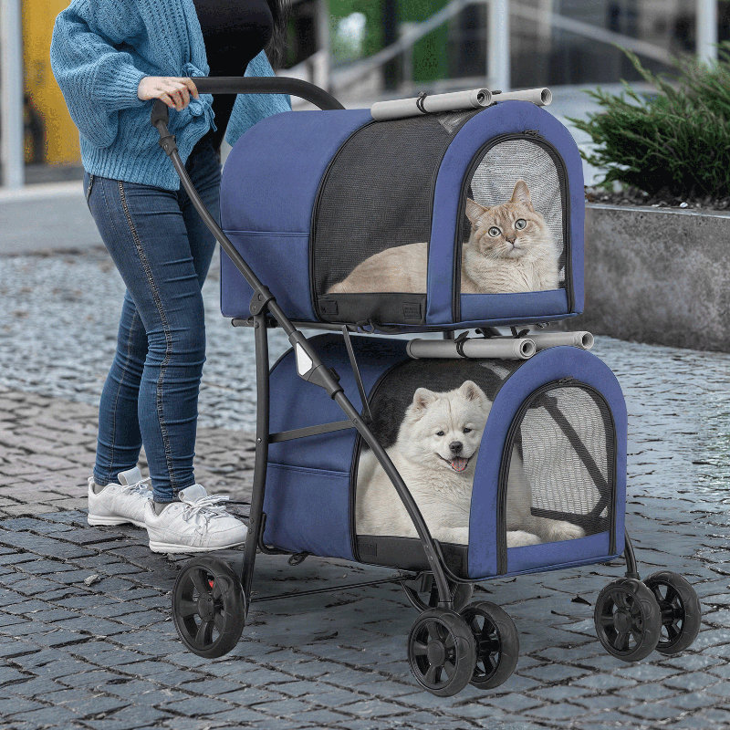Foldable Pet Stroller with Double Detachable Carriers, Folding Dog Cat Jogger Stroller with Tether, Blue/Gray