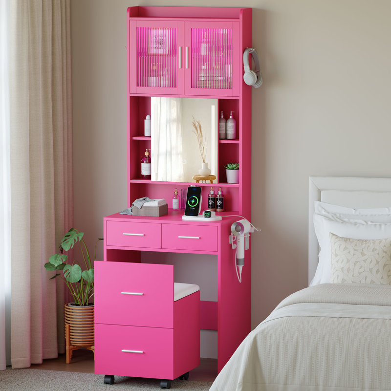 Makeup Vanity Set with LED Lights and Power Outlets, Barbie Pink