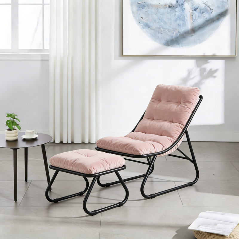 Patio Outdoor Lounge Chair with Ottoman, Comfy Sling Recliner Chair with Puffy Cushion and Foot Stool, Ideal for Living Room, Bedroom, Reading Room