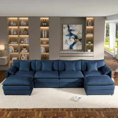 Modular U‑Shape Chenille Sectional Sofa, 145" W Oversized Cloud-Style Couch for Large Living Rooms, Navy Blue