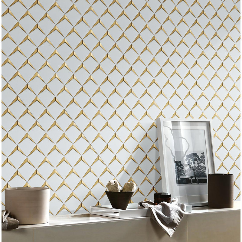 3" x 4" Thassos White and Gold Metal Chevron Novelty Mosaic Wall Tile