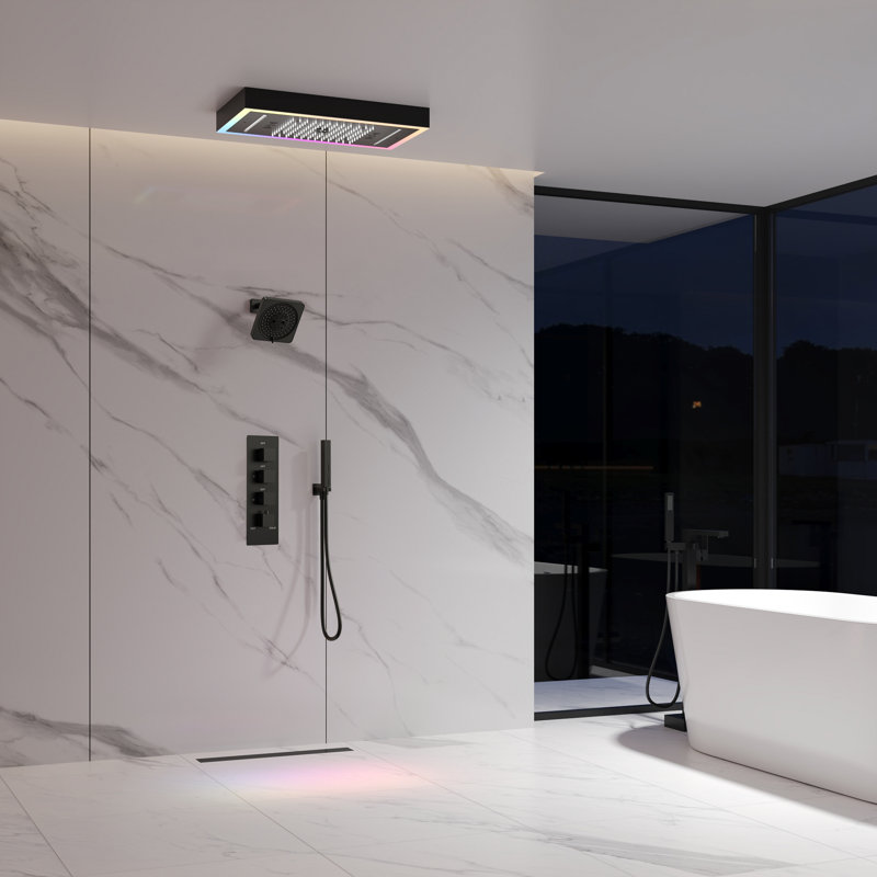 Système thermostatique à deux têtes de douche, robinet de douche à pluie à fixation au plafond à DEL avec pomme de douche, jets multifonctionnels