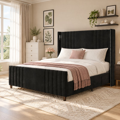 Tall Wingback Upholstered Platform Bed With Wingback Headboard,  Nailhead Trim & Velvet Fabric