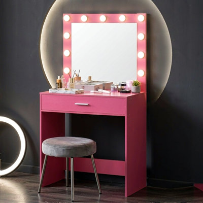 Pink Vanity Desk with Lighted Mirror and Large Drawer, Makeup Dressing Table with 3 Lighting Modes