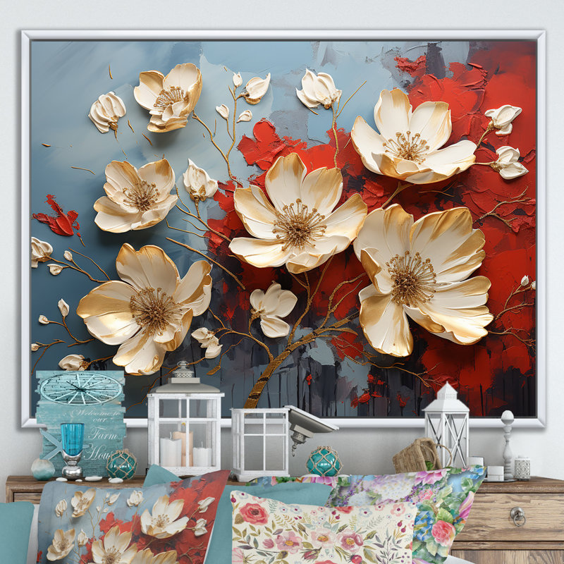 Or et pétales de tournesol beauté - Art mural floral abstrait, Cadre flottant blanc, H 34 po x l 44 po x P 1,5 po