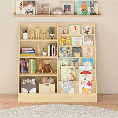 Kids Bookshelf and Toy Storage Organizer, Multifunctional 4 Tier Wooden Kids Book Shelf with  Bookcase Display Stand
