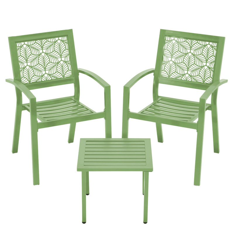 3 Piece Patio Bistro Set, Outdoor Steel Furniture Set, Stackable Modern Conversation Sets For Balcony Garden Deck Patio W/2 Chairs 1 Table, Sauge Green