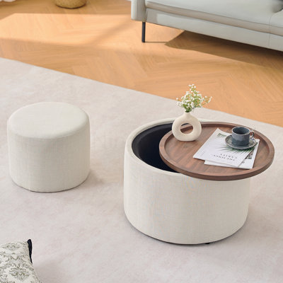 2-Piece Beige Linen Upholstered Nesting Storage Ottomans – 22.75" Round with Removable Wood Tray, 4-in-1 Multifunctional for Living Room