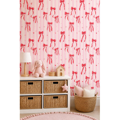 Papier peint à rayures roses, rubans, nœuds, cœurs, décoration murale amovible