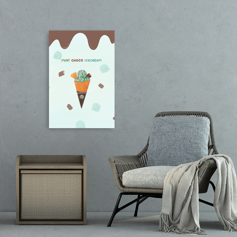 Affiche murale d'été contemporaine représentant un cornet de crème glacée à la menthe et au chocolat, H 36 po x l 24 po
