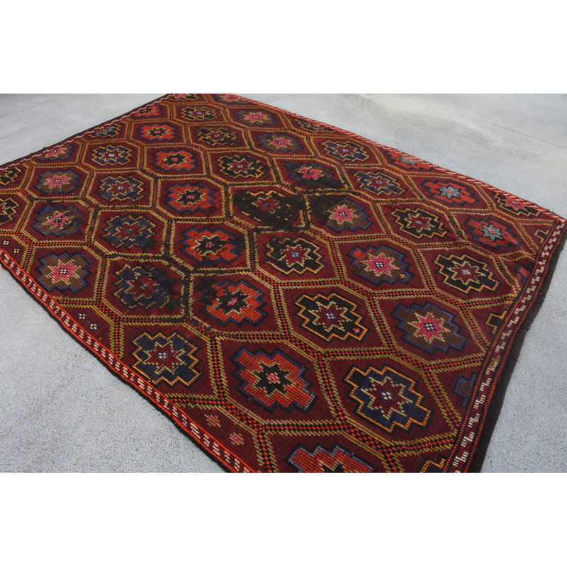 Élégant tapis kilim en laine rouge, motif géométrique 6,5 x 9,2 pi