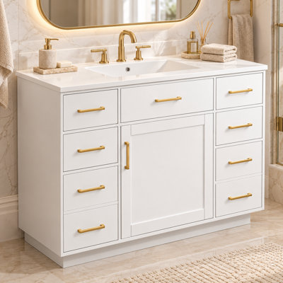 Meuble-lavabo autoportant de 122 cm (48 po) avec comptoir en composite, 7 tiroirs et 1 armoire à porte, meuble-lavabo en MDF noir avec poignées dorées et charnières à fermeture douce