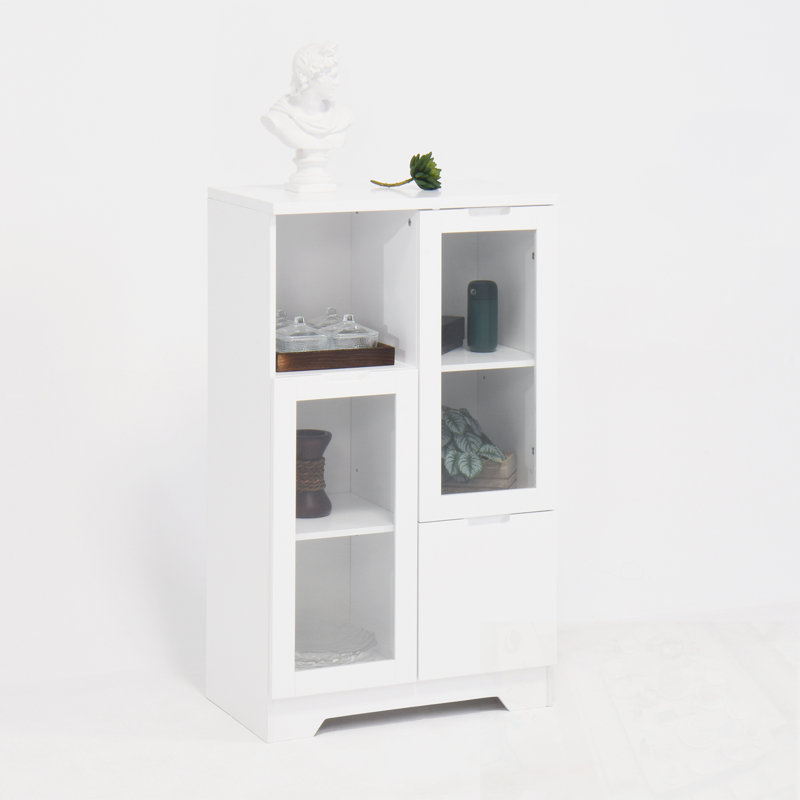Armoire d'appoint en bois avec porte vitrée et rangement ouvert, Blanc