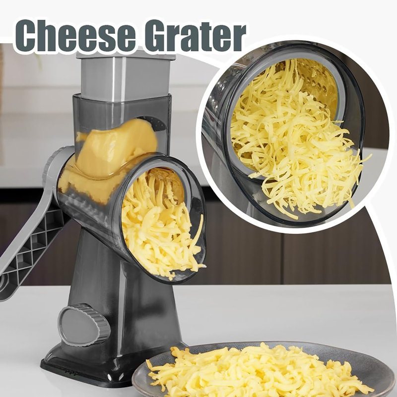 Râpe à fromage rotative 3 en 1 - Broyeur à manivelle sans effort avec pales en acier inoxydable | Aspiration super stable, poignée lisse qui économise la main-d'œuvre | Parfait pour le fromage, les légumes, les noix et le chocolat, gris foncé SP