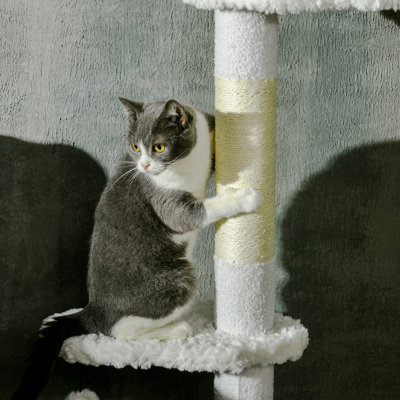 Arbre à chat du sol au plafond avec poteaux à griffes, hauteur réglable de 88,5 po à 100,5 po, tour d'escalade pour chat avec plateformes en forme de nuage, boules de jouet, dispositif anti-basculement, blanc