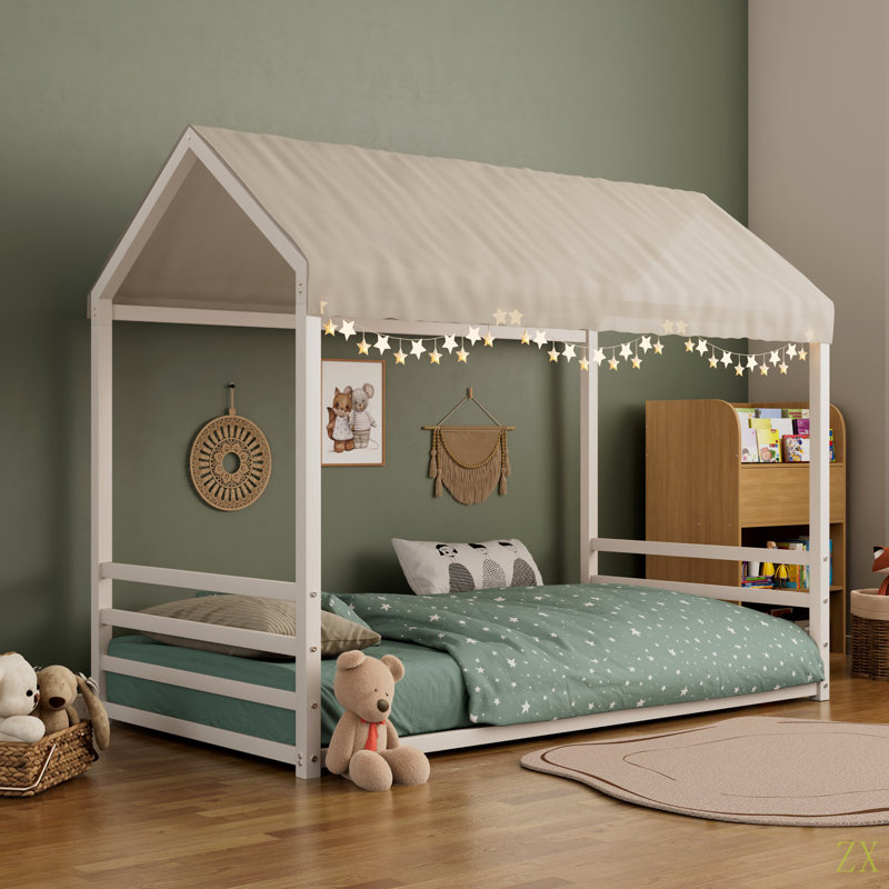 Structure de lit simple en métal de style Montessori, lit en forme de maison avec garde-corps pour enfants et tout-petits, assemblage facile, sans lattes