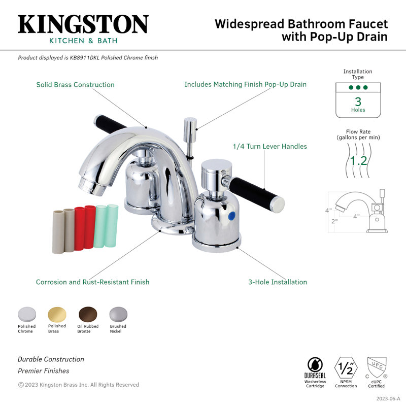 Robinet de salle de bain espacé à deux poignées à 3 poignées et fixation sur le comptoir avec bonde escamotable Kingston