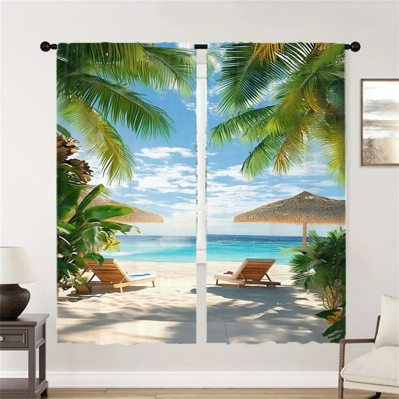 2Pcs, rideaux de plage tropicaux, scène de paradis, vue sur l'océan, palmiers, rideau moderne filtrant la lumière pour le salon, la chambre, la cuisine, la poche à tringle, la fenêtre, les rideaux,
