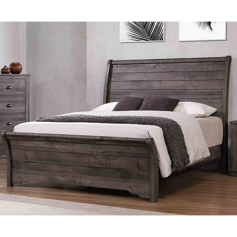 Contemporary Grey Queen Size Bed, Horizontal Lines Design, Gently Sloped Headboard, Bracket Feet, Wood Construction For Bedroom, Assembly Needed Bed In Finish, Lines, Required