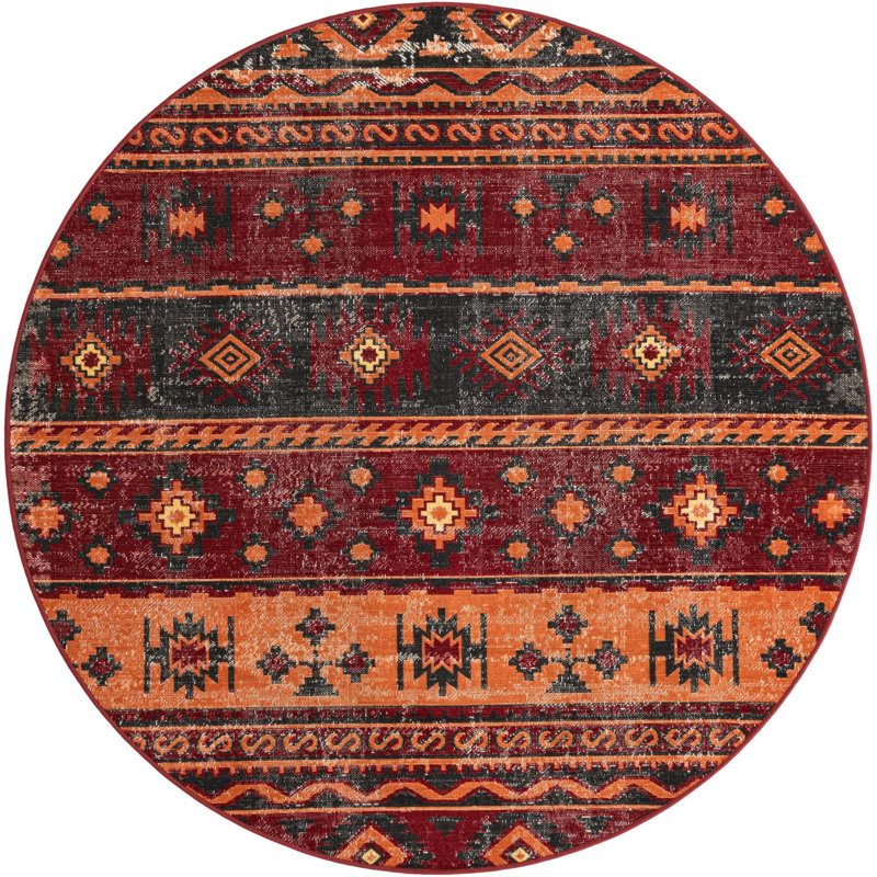 Geometric Red Area Rug, Round 6'1"